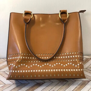 Faux Leather Vegan Camel Brown Tote Bag w/ Handles Country Western 70s Style